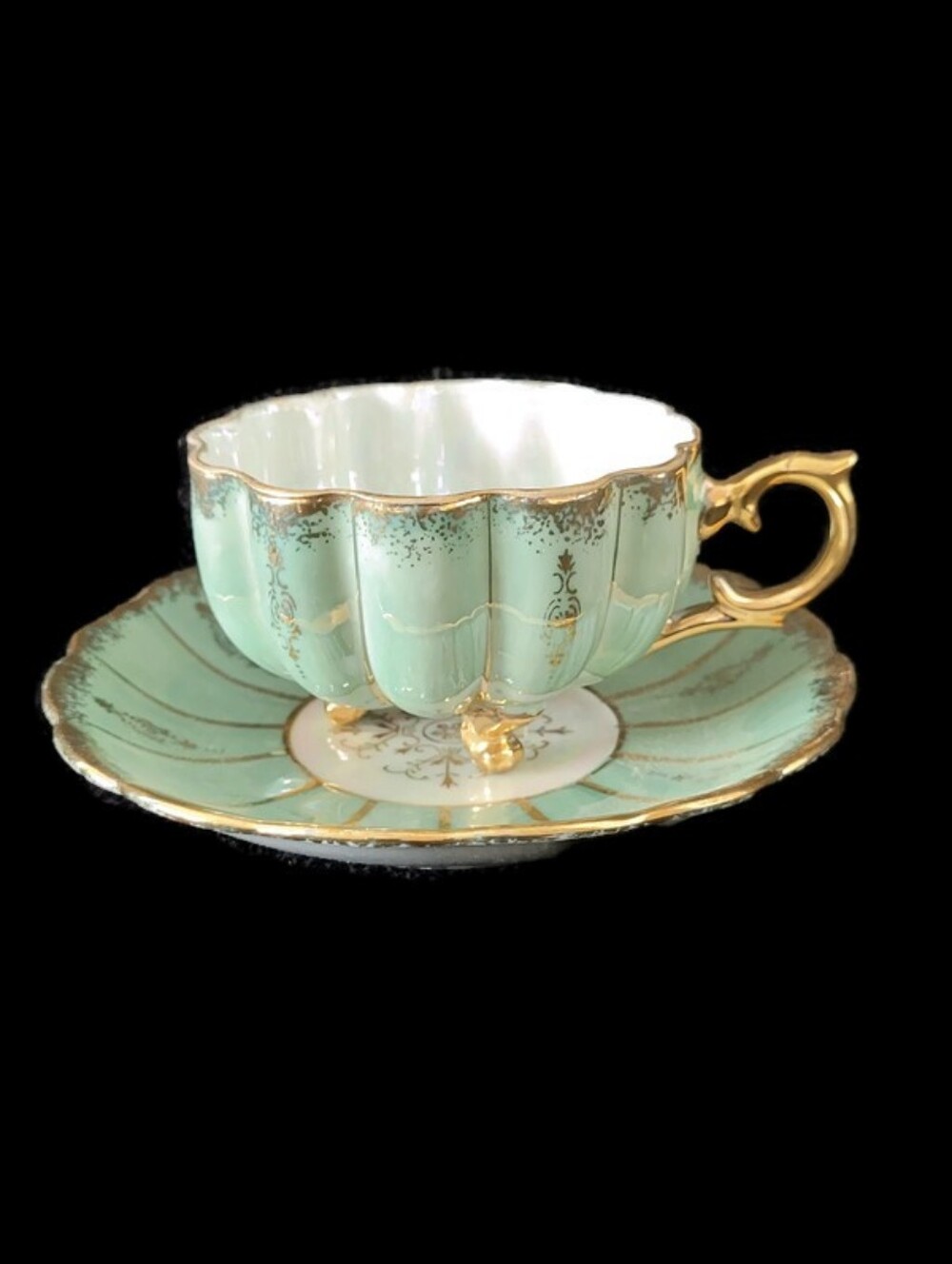 Royal Sealy Mint Green Gold-Trim Footed Teacup and Saucer From 1960's